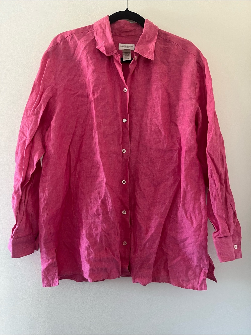 Vintage Liz Claiborne 100% Linen Button Up Top Large Pink Long Sleeve Coastal